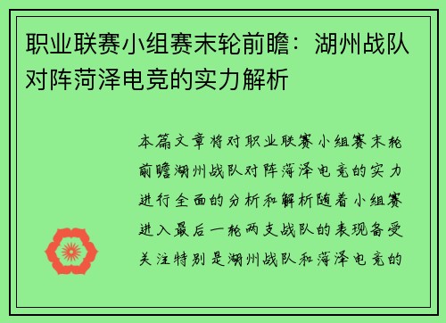 职业联赛小组赛末轮前瞻：湖州战队对阵菏泽电竞的实力解析